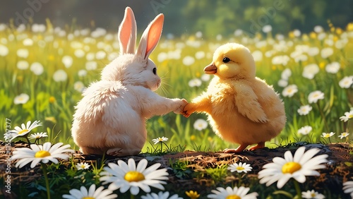 A bunny and a butterfly sharing a moment in a sunny field, holiday promo poster Easter sale banner background, vibrant colors, romantic love and harmony