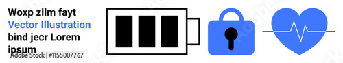 Battery icon with three black bars, blue lock symbol, and blue heart with white heartbeat line. Ideal for technology, security, health apps, battery life, protection, medical services, and user