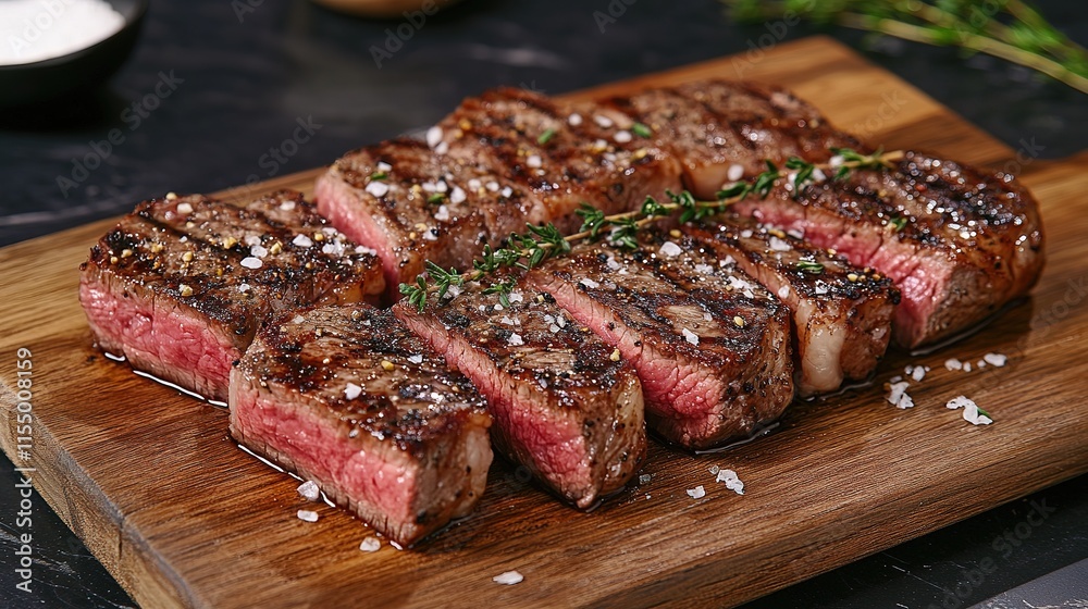 Grilled beef steak with herb and spices. Portion of fried meat cuts with rosemary, garlic, olive oil and ketchup sauce
