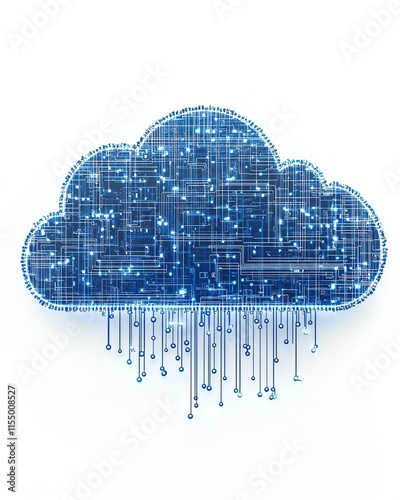 Futuristic cloud upload icon integrated with blue circuit lines on a white background, representing technology and data transfer concepts, 3D rendering