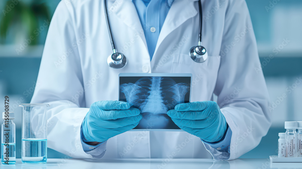 doctor in lab coat examines X ray image with focus and care doctor in lab coat examines X ray image with focus and care