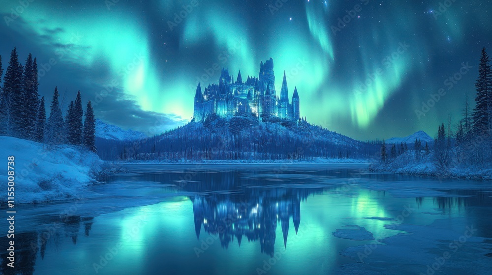 Naklejka premium A mystical castle illuminated by the northern lights, reflected in a serene, snowy landscape.