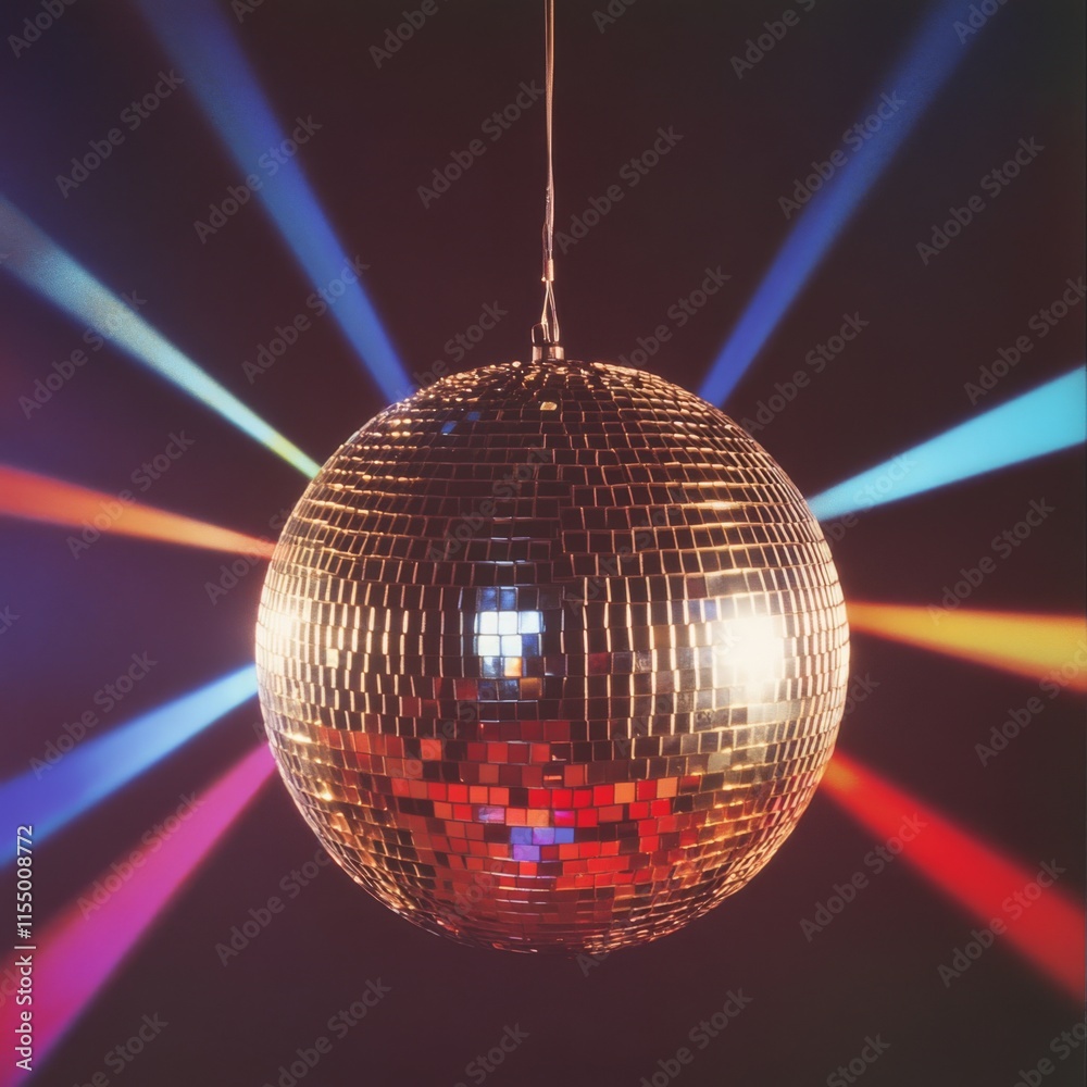 Disco ball reflecting colorful lights in dark room.
