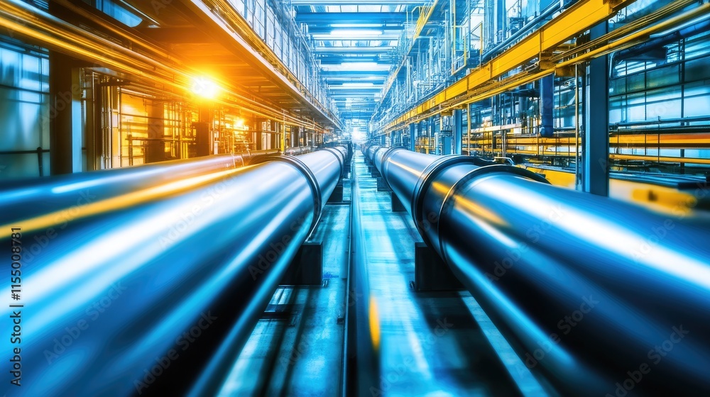 Industrial scene featuring large pipes in a warehouse setting with bright lighting. Industrial scene featuring large pipes in a warehouse setting with bright lighting.