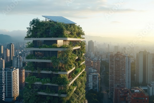 Modern green building crowned with solar panels stands against a vibrant city skyline at sunset