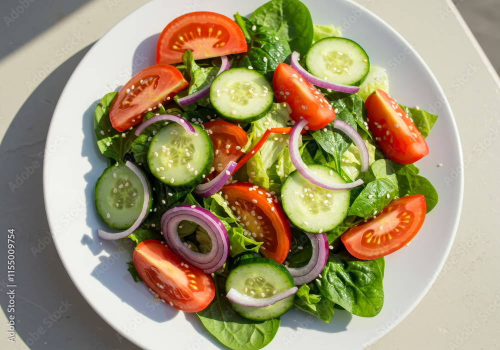 Vibrant Vegetable Salad with Tomato, Cucumber, Onion, Spinach, Lettuce, and Sesame – Healthy Diet Menu, Top View Vibrant Vegetable Salad with Tomato, Cucumber, Onion, Spinach, Lettuce, and Sesame – Healthy Diet Menu, Top View