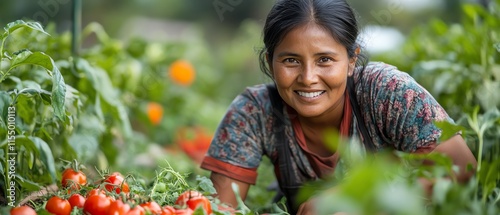 A woman harvesting fresh, chemicalfree vegetables in an organic garden behind her home, promoting nontoxic farming and sustainability photo