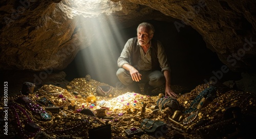 Elderly Man Discovering a Hidden Treasure Cave