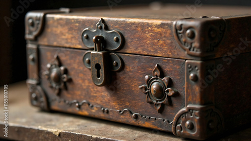 Close-up of a wooden box with intricate carvings and rusty lock, old furniture, intricate carvings new image this year