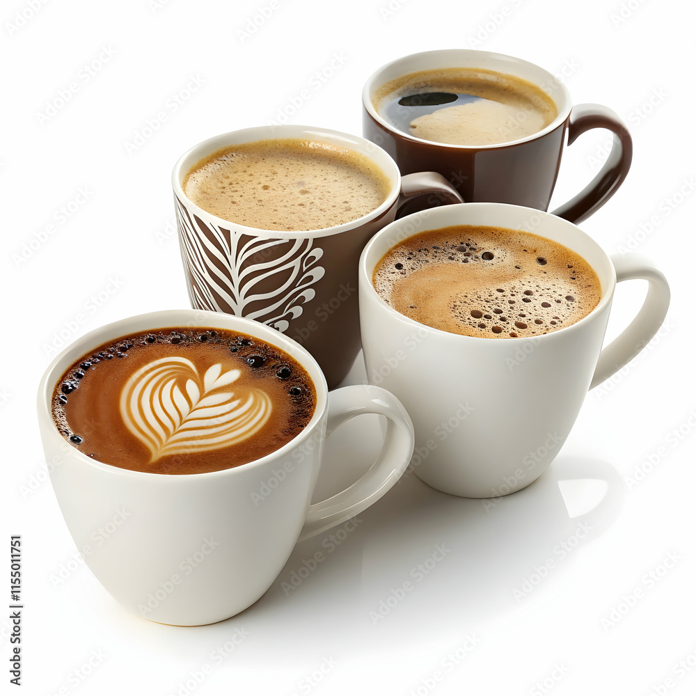 Obraz premium Steaming mugs of coffee with brown and white patterns on white background