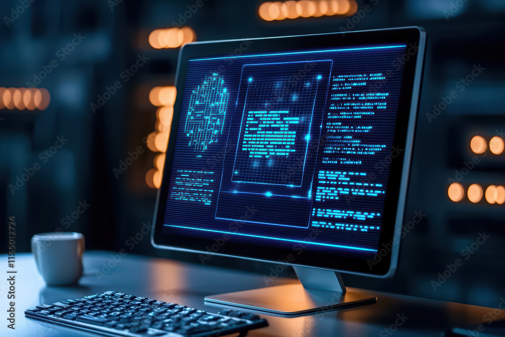 close up of monitor displaying digital interface with AI data, showcasing advanced technology and innovation close up of monitor displaying digital interface with AI data, showcasing advanced technology and innovation