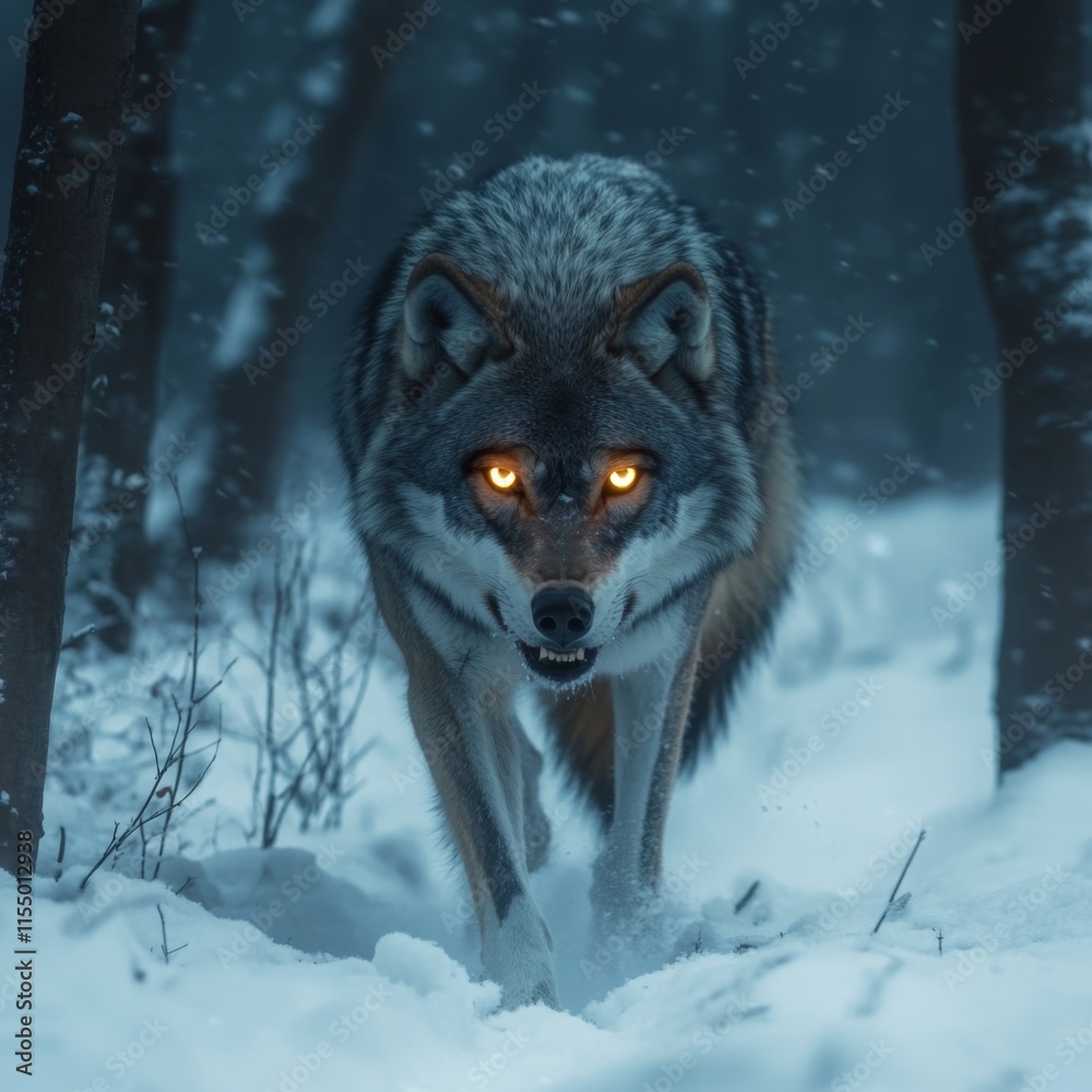 Fototapeta premium Majestic grey wolf with glowing eyes walking in snowy forest.