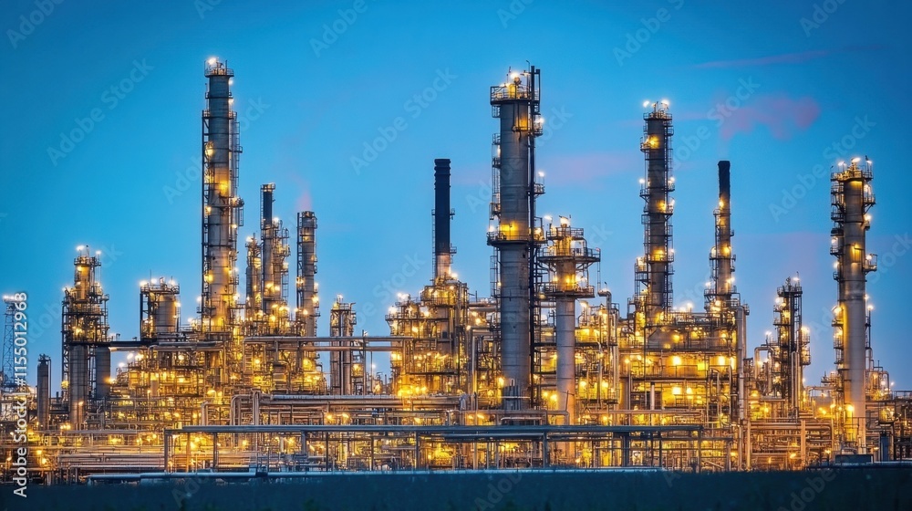 Nighttime Industrial Complex with Illuminated Structures and Pipes