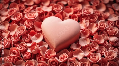  A large pink heart rests on a bed of delicate roses and petals. Ideal for Valentine's Day, romance themes, and wedding invitations.