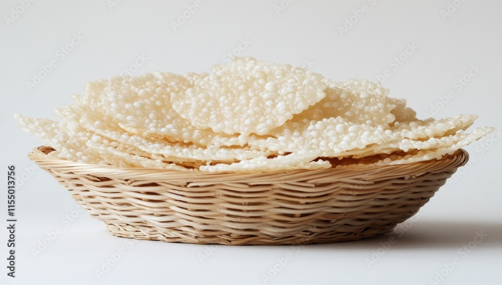 Crispy, light, airy, and delicate flatbread crackers in a wicker basket. Crispy, light, airy, and delicate flatbread crackers in a wicker basket.
