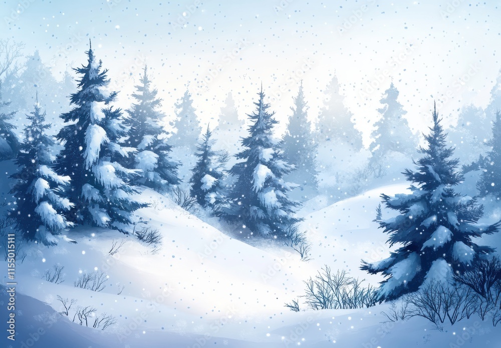 Fototapeta premium Serene Winter Landscape with Snow-Covered Pine Trees in a Tranquil Forest Scene Under Soft Winter Light and Gentle Snowfall in a Magical Atmosphere