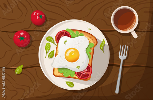 Breakfast with bread, eggs, vegetables and cup tea. hand drawn illustration 
