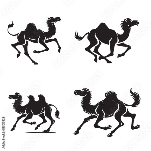 4 Set of Black Running Camel Silhouettes Isolated on White Background