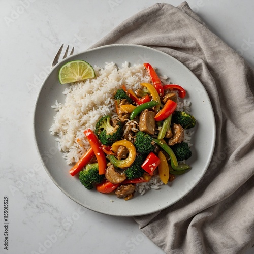 A plate of vegetable stir-fry with rice on a white background.