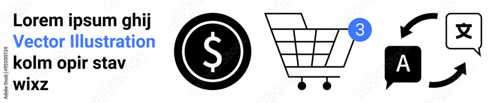 Shopping cart with 3 items notification, dollar sign in black circle, language translation symbols, sample text. Ideal for e-commerce, online shopping, translations, currency, retail, notifications Shopping cart with 3 items notification, dollar sign in black circle, language translation symbols, sample text. Ideal for e-commerce, online shopping, translations, currency, retail, notifications