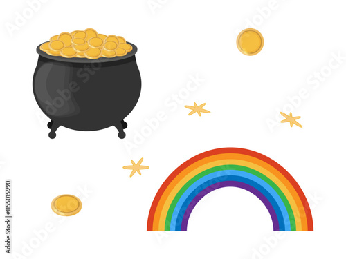Set of elements for St. Patrick's Day. Rainbow and black pot of gold. Golden coins and yellow highlights on white background. Vector illustration. Close-up elements for design decoration.