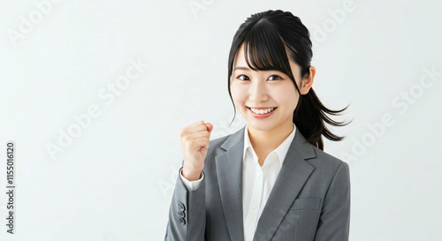 Motivated Young Japanese Businesswoman in Her 20s with a High Ponytail Making a Victory Fist Gesture photo