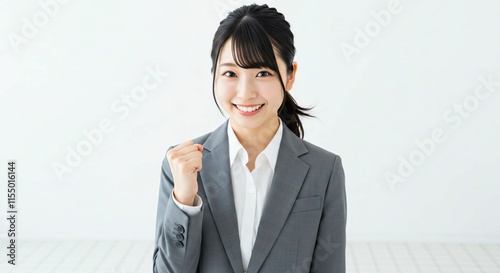 Motivated Young Japanese Businesswoman in Her 20s with a High Ponytail Making a Victory Fist Gesture photo