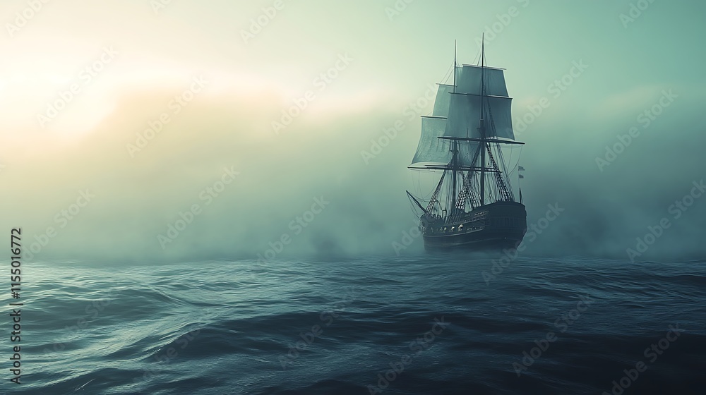 Obraz premium Sailing ship in fog, ocean adventure concept