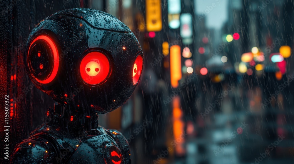 Robot in the rain with glowing red eyes. Robot in the rain with glowing red eyes.