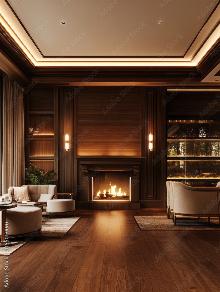 Fototapeta premium Luxurious Living Room with Fireplace and Wood Accents