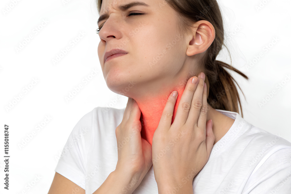 Close up - Woman holding hands on neck with sore throat, tonsillitis. Healthcare and medical concept Close up - Woman holding hands on neck with sore throat, tonsillitis. Healthcare and medical concept