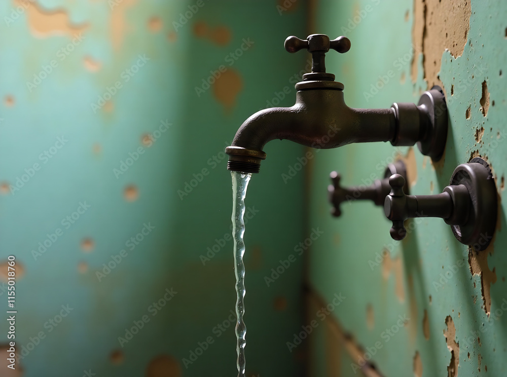 Water dripping from a faucet in an old bathroom with peeling paint on the wall new image Water dripping from a faucet in an old bathroom with peeling paint on the wall new image