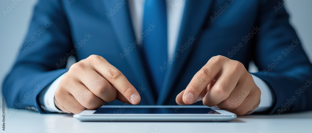 businessman in suit is focused on using tablet, showcasing modern technology businessman in suit is focused on using tablet, showcasing modern technology