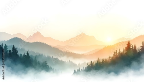 Fototapeta Naklejka Na Ścianę i Meble -  A peaceful watercolor artwork depicting a green mountain range with trees, reflecting a tranquil landscape