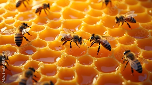 Golden Honeycomb: Busy Bees Gather Sweet Nectar, a symphony of nature's bounty. Pure honey, golden cells. photo