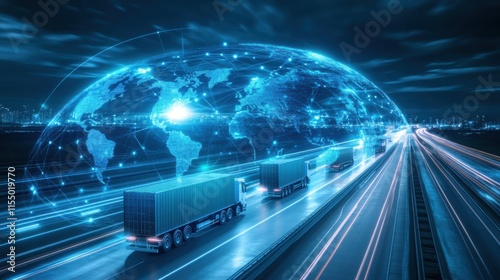 Global trade routes and tariffs impacting transport logistics digital world infographic nighttime data visualization