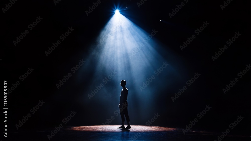 Silhouette of a person standing alone in a spotlight on a dark stage. Silhouette of a person standing alone in a spotlight on a dark stage.