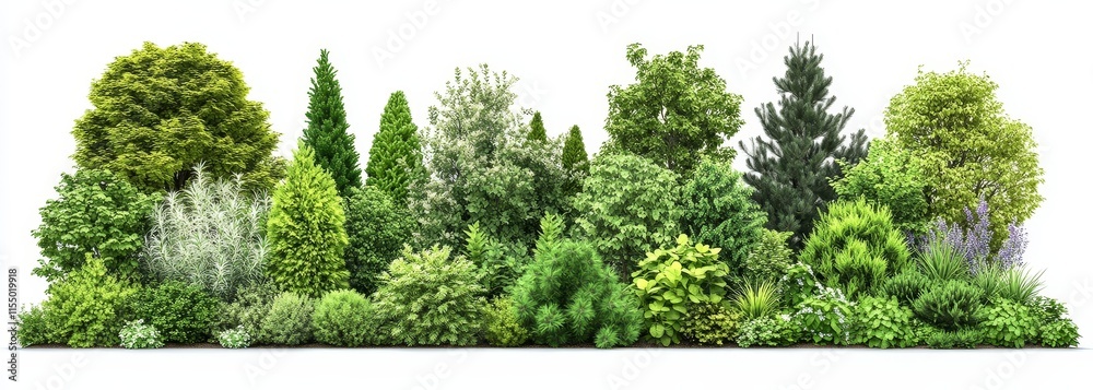 Lush green landscape with diverse trees and shrubs isolated on white background. Lush green landscape with diverse trees and shrubs isolated on white background.