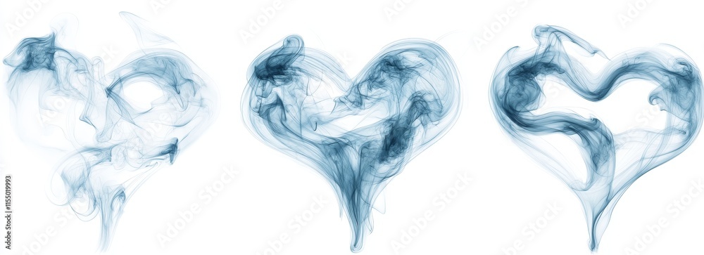 Three abstract blue smoke hearts on white. Three abstract blue smoke hearts on white.