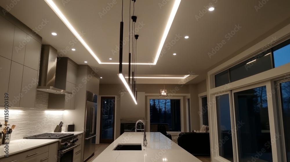 Sleek bar lights running parallel across the ceiling of a modern kitchen, casting an even glow over the open-concept space Sleek bar lights running parallel across the ceiling of a modern kitchen, casting an even glow over the open-concept space