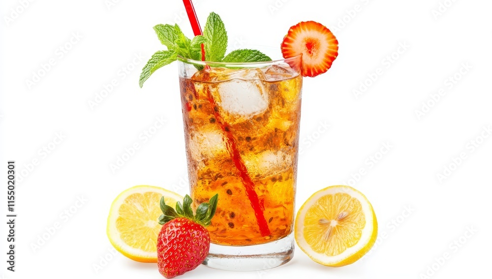 Iced tea with lemon and strawberry. Iced tea with lemon and strawberry.