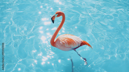 Flamingo standing in crystal-clear blue water under sunlight, radiating tropical vibes and serenity. Perfect for nature, travel, and summer-themed content. photo