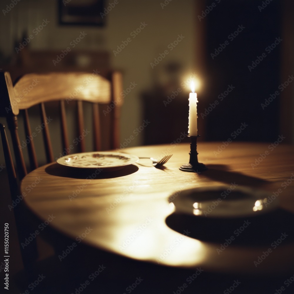 Obraz premium Flickering candlelight casts shadows over an empty dinner setting. Generative AI