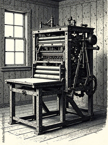 An antique engraving of an early printing press with detailed machinery, old engraving, printing press, vintage new image 
