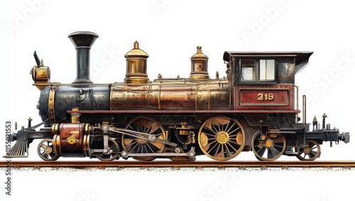 Vintage steam locomotive, number 218, side view on white background.