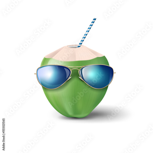 sunglasses wearing green coconut isolated on the white background. summer coconut cocktail and summer advertising banner design clip art vector illustration.