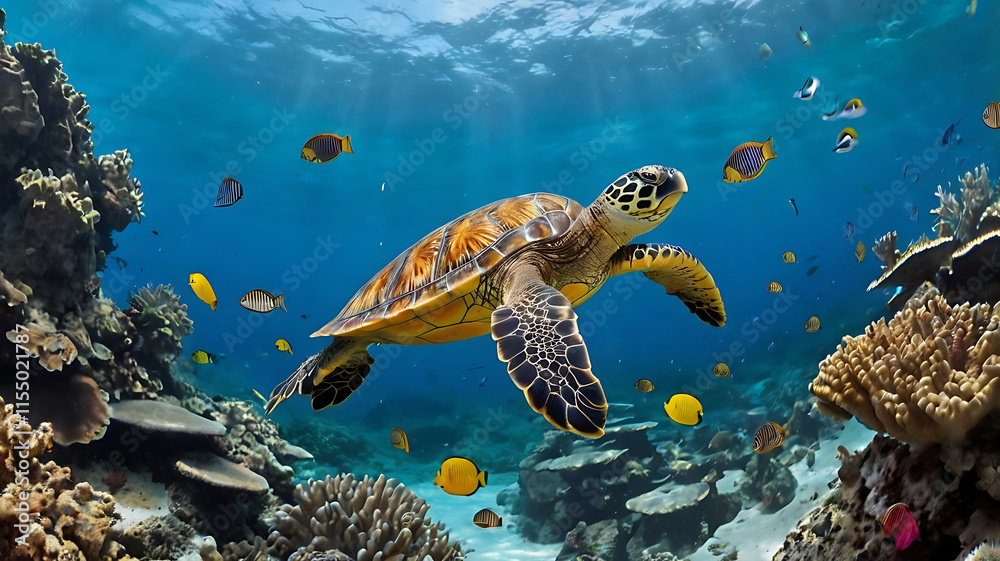 Obraz premium turtle with Colorful tropical fish and animal sea life in the coral reef, animals of the underwater sea world 