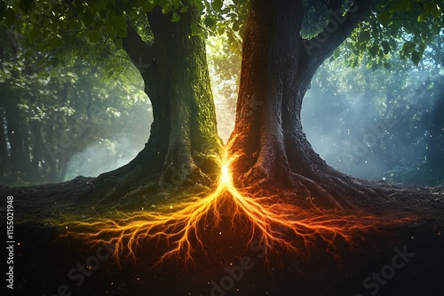 Illustration of a burning holy magic tree from folklore and myths. Could be the world tree or tree of life known from norse mythology.