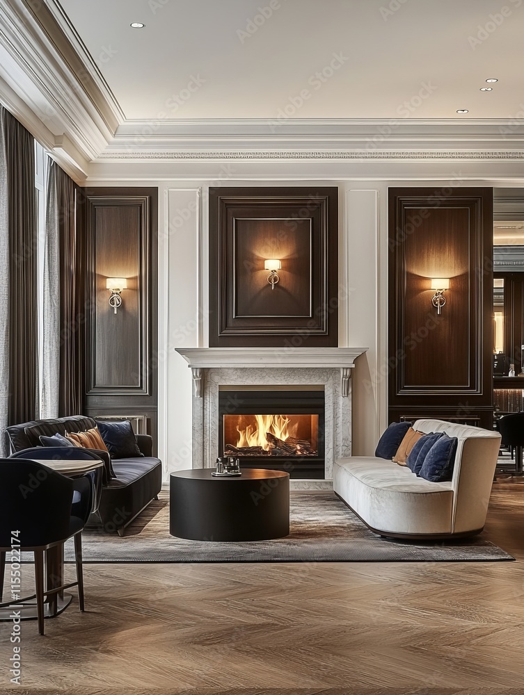 Fototapeta premium Luxurious Living Room with Fireplace and Elegant Furnishings