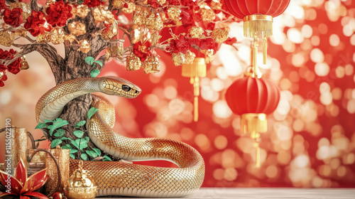 A majestic snake entwines around a decorated Chinese New Year tree, its shimmering golden and green scales adding to the festive atmosphere, with red lanterns and golden ornaments symbolizing prosperi photo